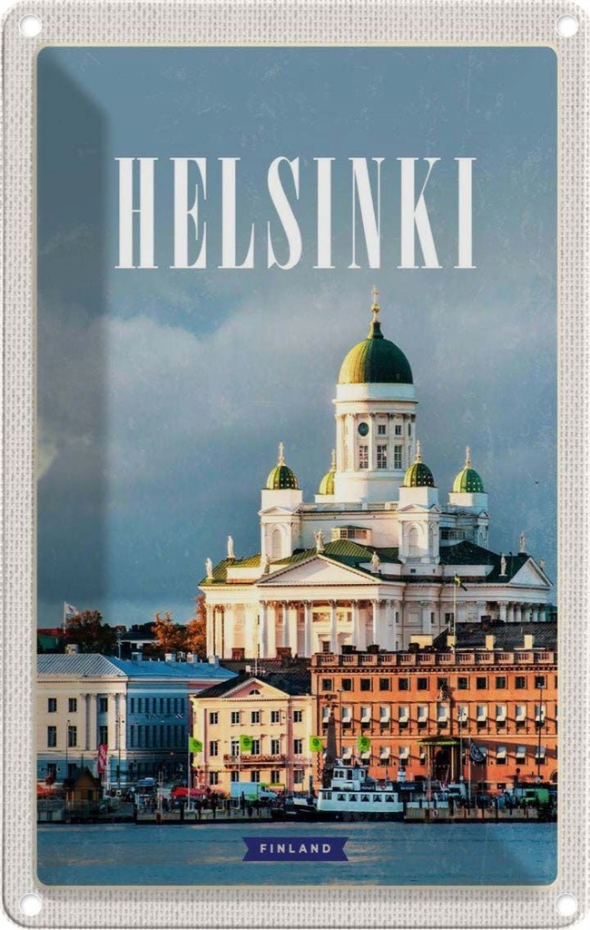 [LA-1782643] Blechschild 18x12 cm Helsinki Finnland Meer Stadt Kirche Bildmotiv Reisemotiv Abenteuer Reisen Urlaub