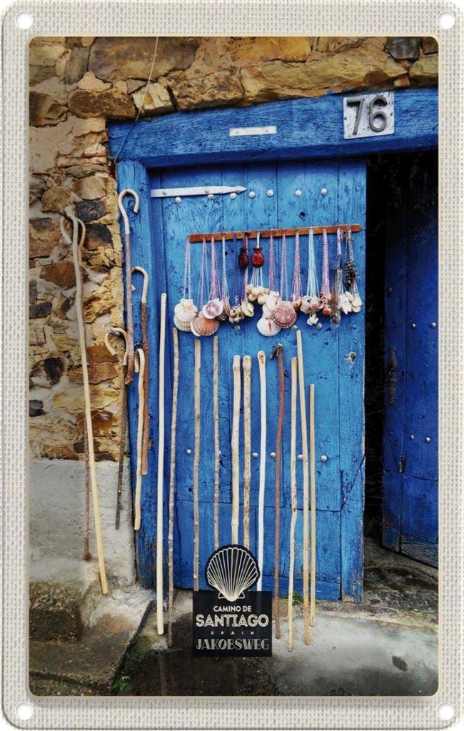 [LA-1782650] Blechschild 18x12 cm Spanien Muscheln blaue Tür Gehstock Bildmotiv Reisemotiv Abenteuer Reisen Urlaub