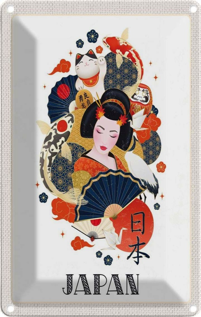 [LA-1782658] Blechschild 18x12 cm Japan Frau Katze Fisch Kunst Kultur
