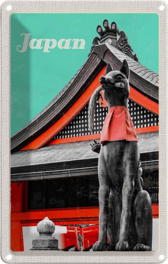[LA-1782662] Blechschild 18x12 cm Japan Miyajima Tempel Kitsune Statue Bildmotiv Reisemotiv Abenteuer Reisen Urlaub