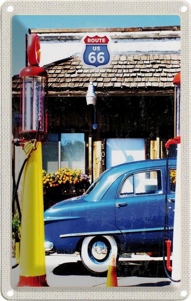 [LA-1782718] Blechschild 18x12 cm Amerika Chicago Route 66 Tankstelle Bildmotiv Reisemotiv Abenteuer Reisen Urlaub