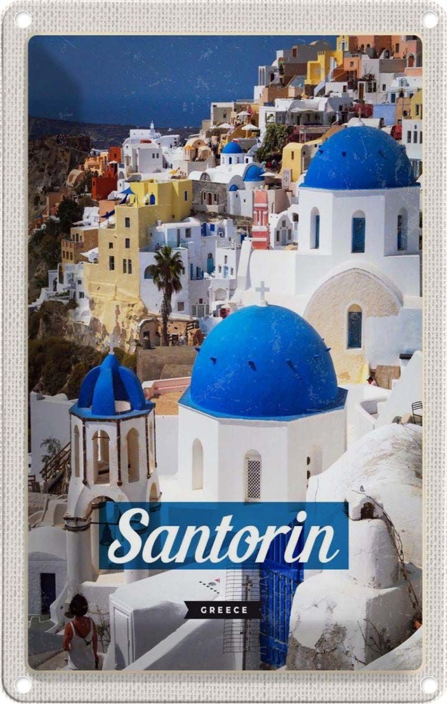 Blechschild 18x12 cm Santorini Greece Stadt weiß blau Bildmotiv Reisemotiv Abenteuer Reisen Urlaub