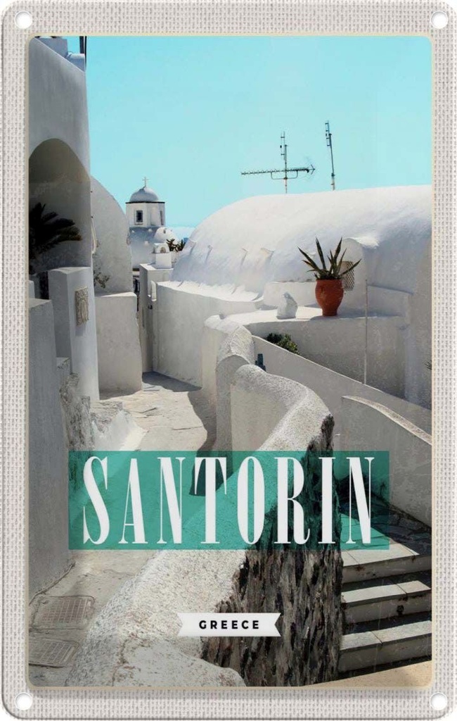Blechschild 18x12 cm Santorini Stadt weiße Gebäude Treppen Bildmotiv Reisemotiv Abenteuer Reisen Urlaub