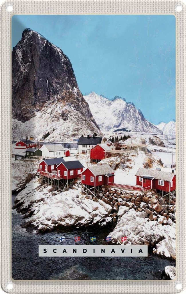Blechschild 18x12 cm Skandinavien Schnee Häuser Gebirge Bildmotiv Reisemotiv Abenteuer Reisen Urlaub