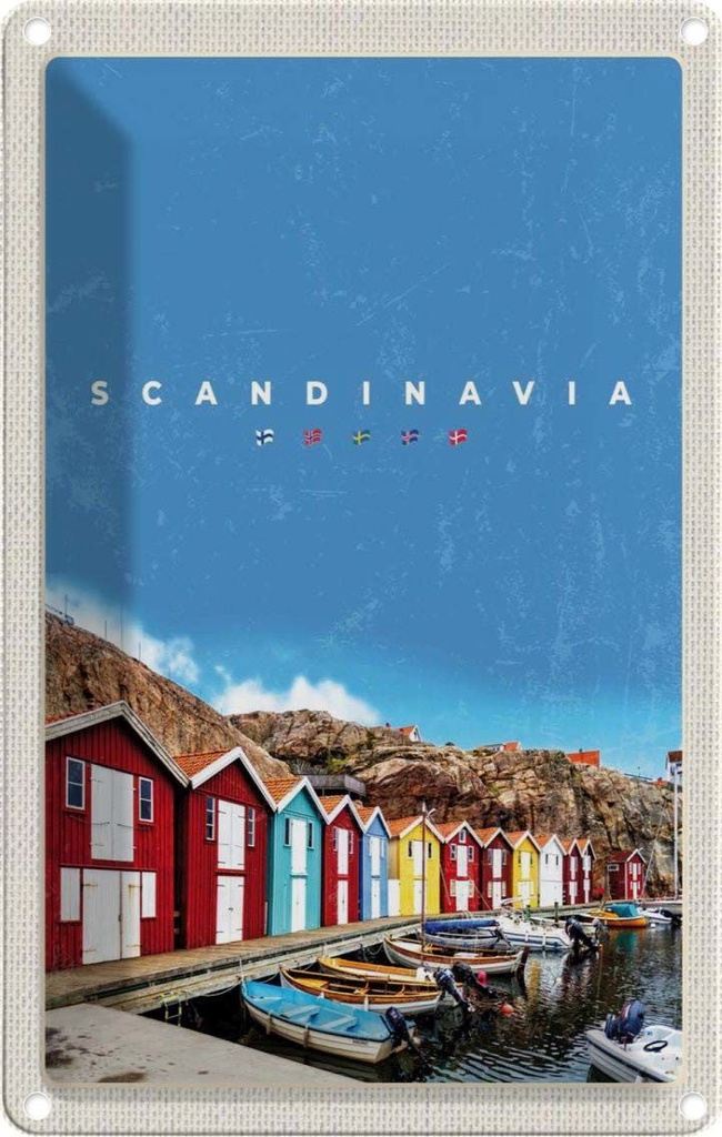 Blechschild 18x12 cm Skandinavien Boote Bootshaus Meer Bildmotiv Reisemotiv Abenteuer Reisen Urlaub