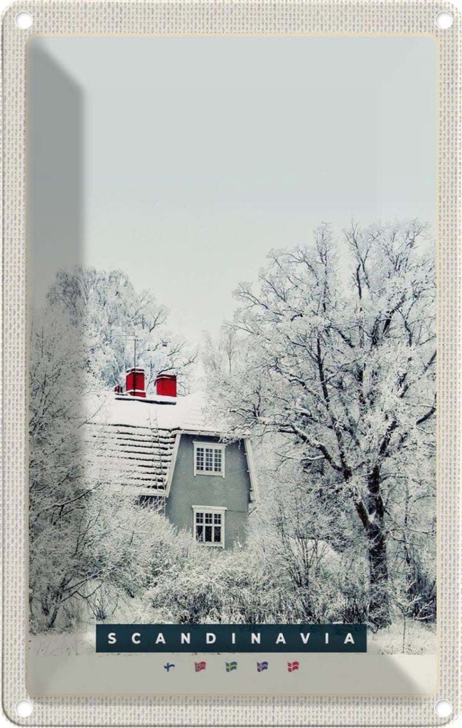 Blechschild 18x12 cm Skandinavien Schnee WeißHaus Bildmotiv Reisemotiv Abenteuer Reisen Urlaub