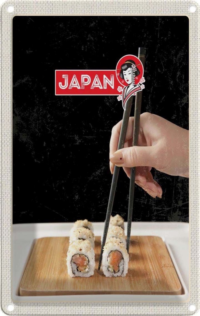 Blechschild 18x12 cm Japan Asien Urlaub Sushi Fisch Alge Stäbchen Bildmotiv Reisemotiv Abenteuer Reisen