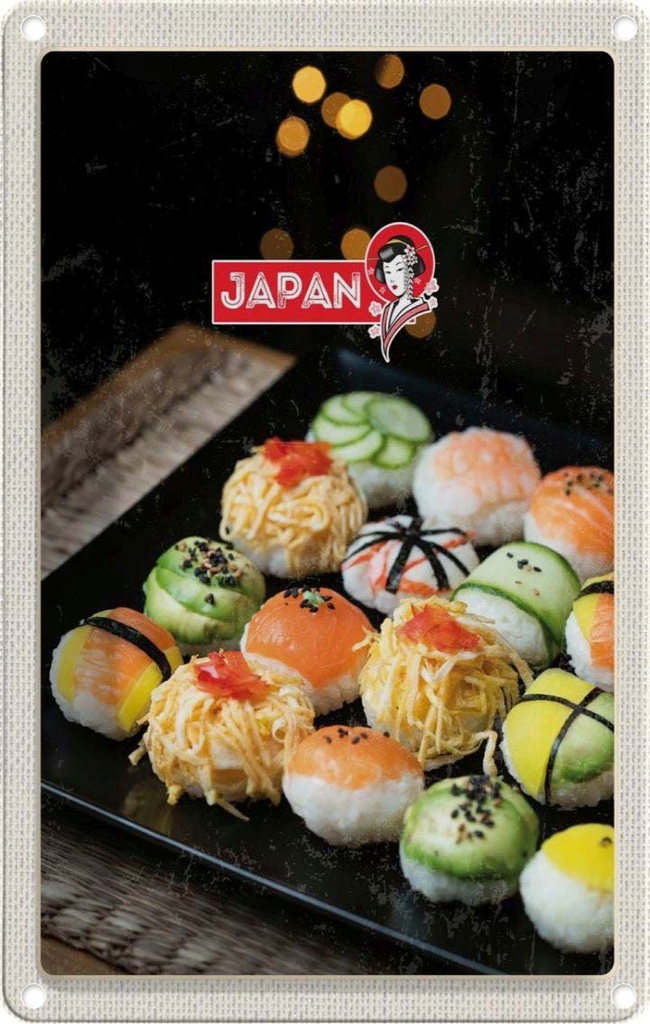 Blechschild 18x12 cm Japan Asien Urlaub Sushi Fisch Gurke Avocado Bildmotiv Reisemotiv Abenteuer Reisen