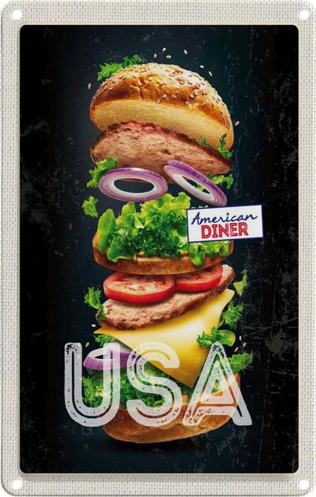 [LA-1782819] Blechschild 18x12 cm Amerika USA Urlaub American Diner Burger Tomaten Gemälde Bildmotiv Reisemotiv Abenteuer Reisen
