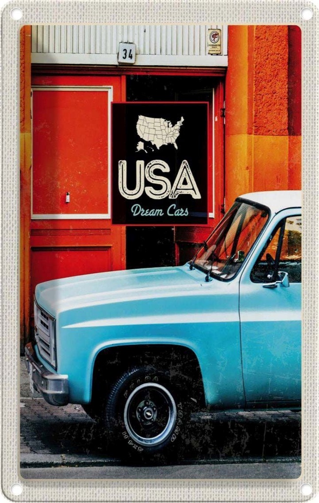 [LA-1782825] Blechschild 18x12 cm USA Oldtimer Amerika Urlaub Dram Cars blau Bildmotiv Reisemotiv Abenteuer Reisen