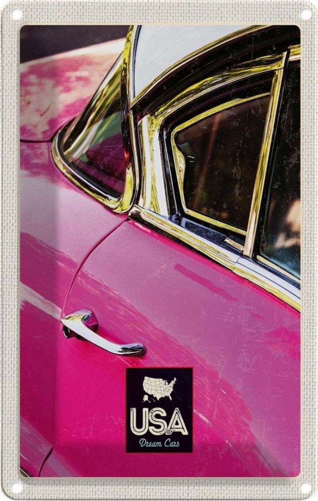 [LA-1782828] Blechschild 18x12 cm Amerika Oldtimer Urlaub rosa silber Bildmotiv Reisemotiv Abenteuer Reisen USA
