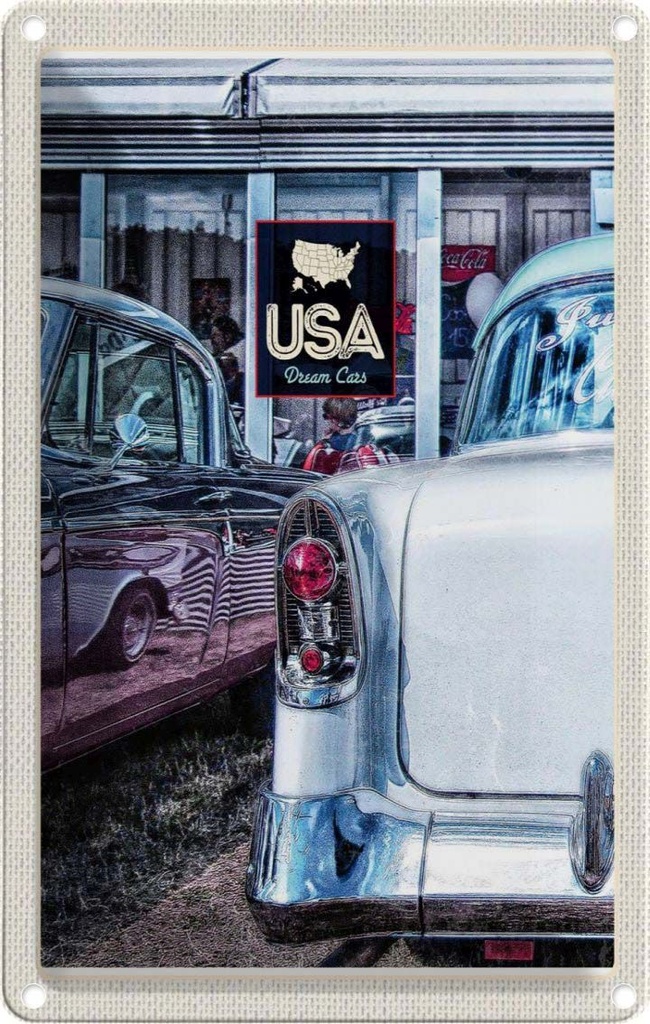 [LA-1782844] Blechschild 18x12 cm Amerika Oldtimer USA Urlaub 90er silber Dram Cars Bildmotiv Reisemotiv Abenteuer Reisen