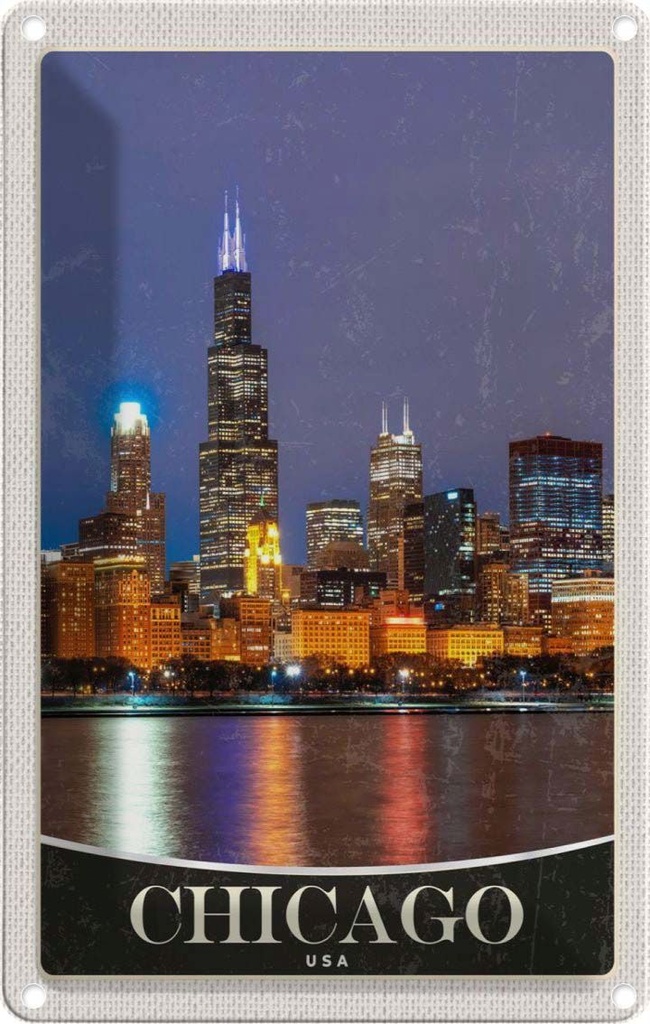 [LA-1782891] Blechschild 18x12 cm Chicago USA Amerika Urlaub Abend am Meer Bildmotiv Reisemotiv Abenteuer Reisen
