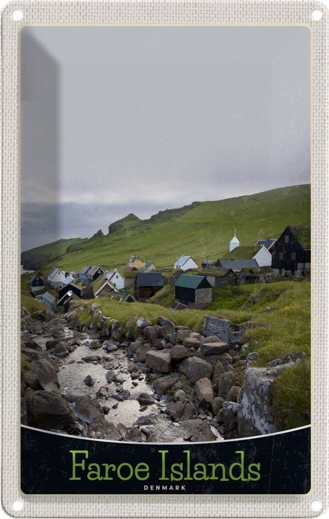 Blechschild 18x12 cm Dänemark Faroe Islands Häuser Wiese Bildmotiv Reisemotiv Abenteuer Reisen Urlaub