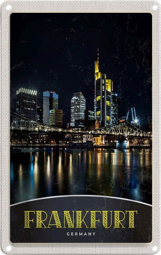 Blechschild 18x12 cm Frankfurt Nacht Brücke Bildmotiv Reisemotiv Abenteuer Reisen Urlaub