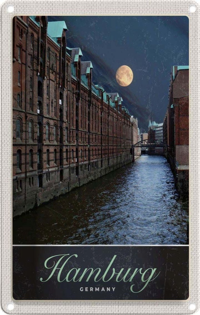 Blechschild 18x12 cm Hamburg Fluss Nacht Trip Bildmotiv Reisemotiv Abenteuer Reisen Urlaub