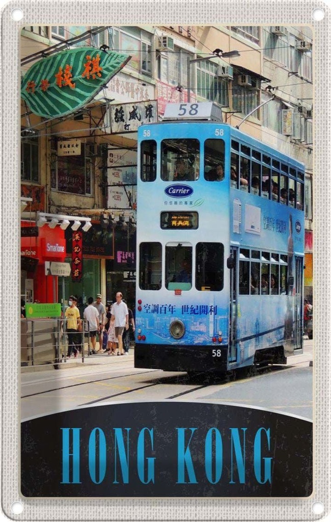 Blechschild 18x12 cm Hong Kong Urlaub Straßenbahn Stadt City Asien Bildmotiv Reisemotiv Abenteuer Reisen