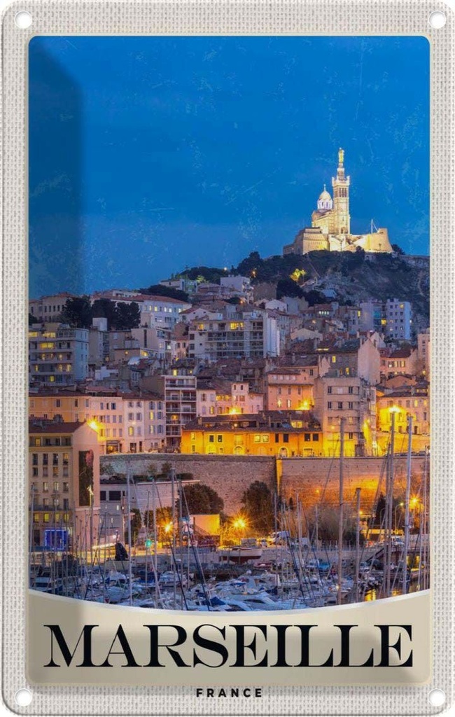 Blechschild 18x12 cm Marseille Frankreich Kirche Nacht Abenteuer Reisen Urlaub