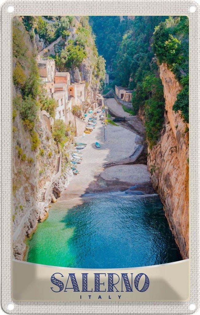 Blechschild 18x12 cm Salerno Insel Boot Strand Sonne Bildmotiv Reisemotiv Abenteuer Reisen Urlaub