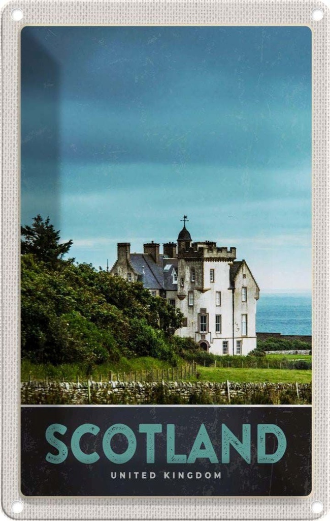 Blechschild 18x12 cm Schottland Europa Wiese Haus Bildmotiv Reisemotiv Abenteuer Reisen Urlaub