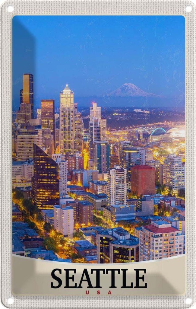 [LA-1783053] Blechschild 18x12 cm Seattle USA Urlaub Amerika Stadt Abend Bildmotiv Reisemotiv Abenteuer Reisen