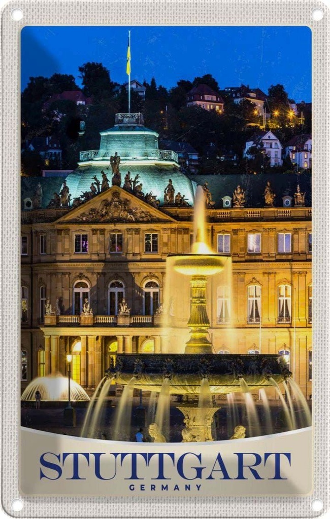 Blechschild 18x12 cm Stuttgart Schloss Abend Bildmotiv Reisemotiv Abenteuer Reisen Urlaub
