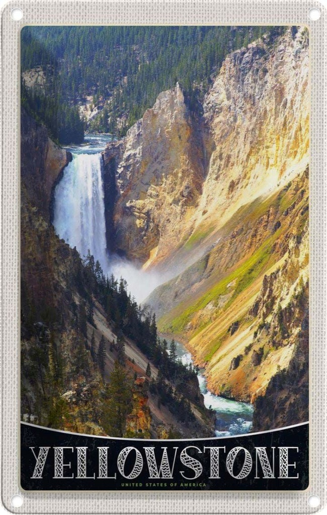 Blechschild 18x12 cm Yellowstone Wasserfall Fluss Bildmotiv Reisemotiv Abenteuer Reisen Urlaub