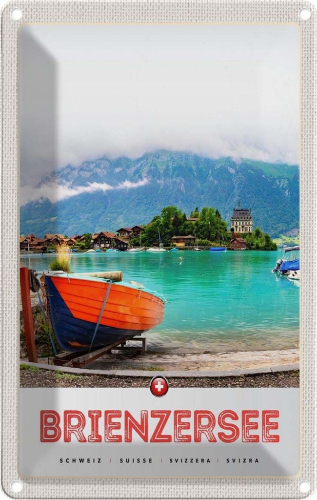 Blechschild 18x12 cm Brienzersee Schweiz Boot Gebäude Bildmotiv Reisemotiv Abenteuer Reisen Urlaub