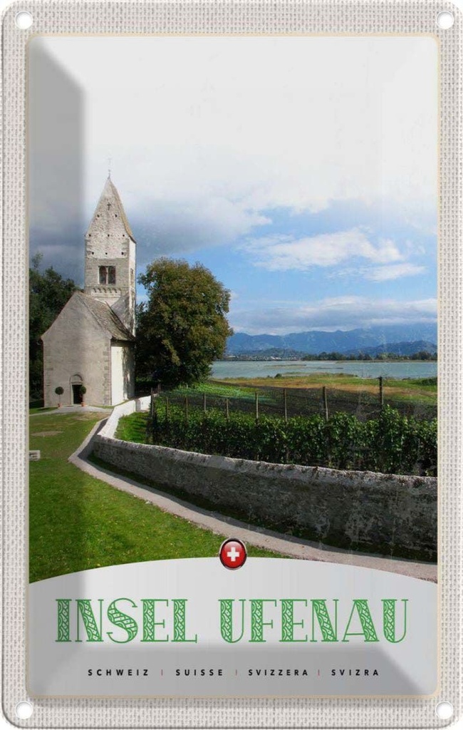 Blechschild 18x12 cm Insel Ufenau Urlaub Schweiz Kirche Wiese See Bildmotiv Reisemotiv Abenteuer Reisen