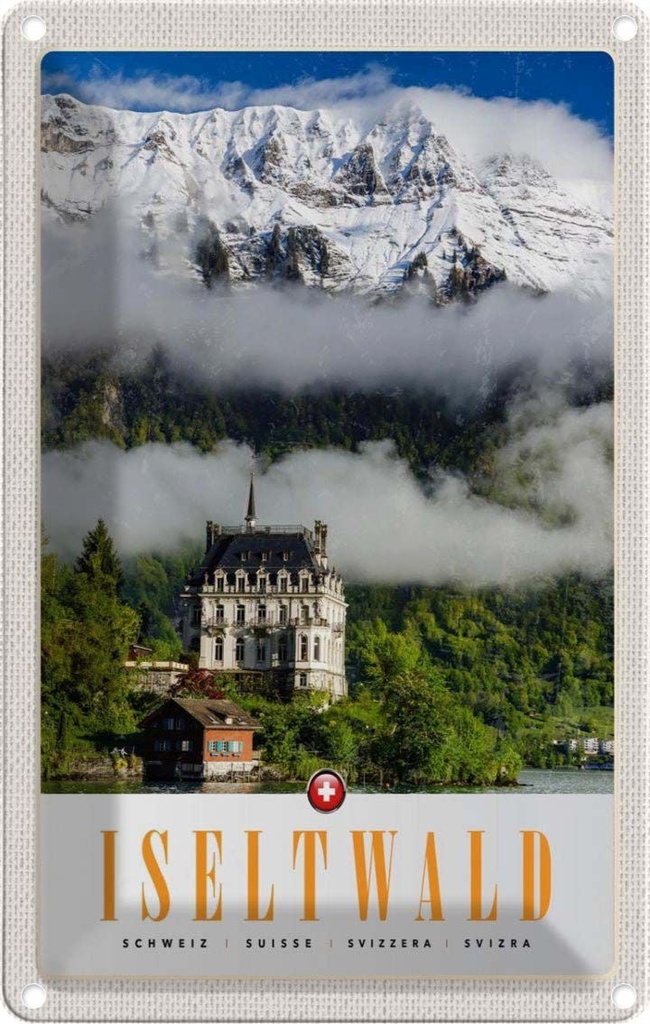 Blechschild 18x12 cm Iseltwald Schnee Wald Schloss Bildmotiv Reisemotiv Abenteuer Reisen Urlaub