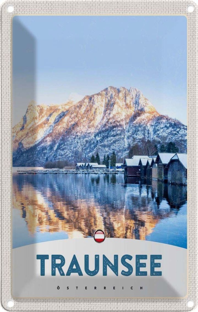 Blechschild 18x12 cm Traunsee Österreich Winterzeit Schnee Bildmotiv Reisemotiv Abenteuer Reisen Urlaub