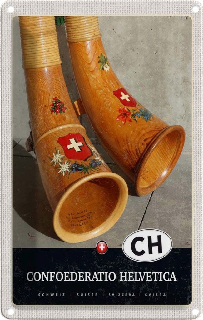 Blechschild 18x12 cm Confoederatio Helvetica Alphorn Bildmotiv Reisemotiv Abenteuer Reisen Urlaub