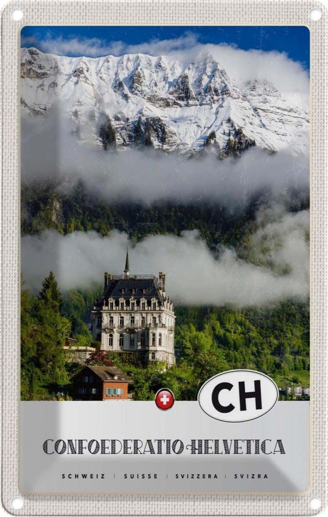 Blechschild 18x12 cm Confoederatio Helvetica Schloss Bildmotiv Reisemotiv Abenteuer Reisen Urlaub
