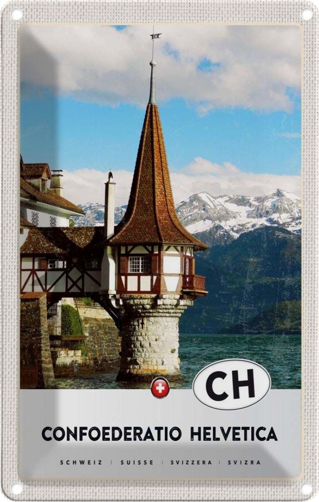Blechschild 18x12 cm Confoederatio Helvetica Kirche Bildmotiv Reisemotiv Abenteuer Reisen Urlaub