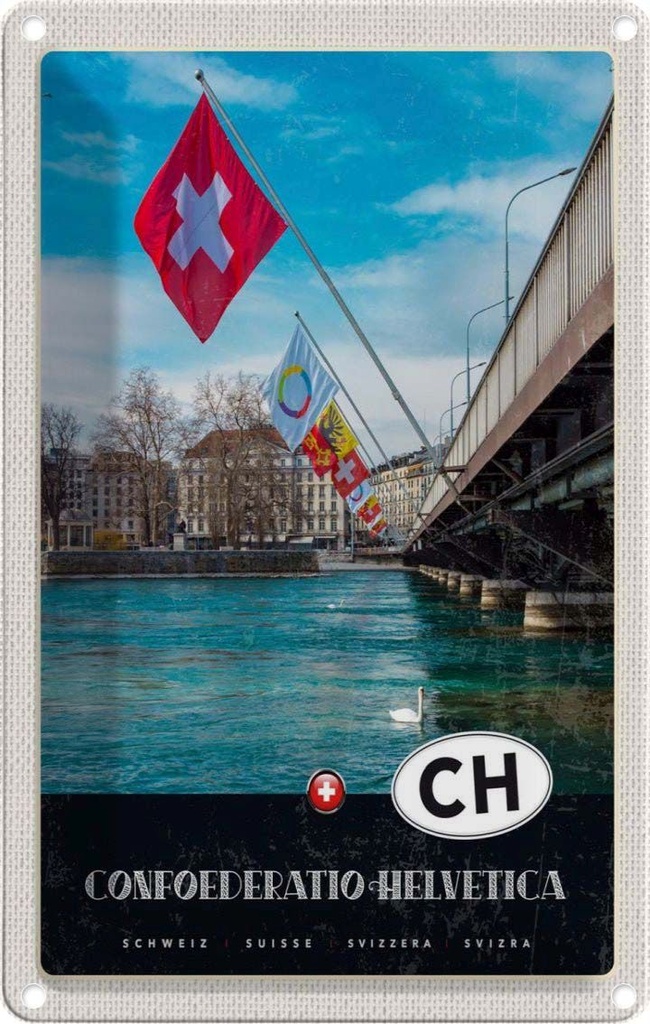 Blechschild 18x12 cm Confoederatio Helvetica Brücke Flagge Bildmotiv Reisemotiv Abenteuer Reisen Urlaub