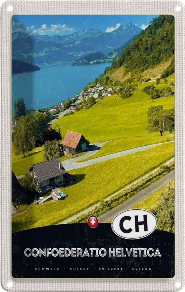 Blechschild 18x12 cm Confoederatio Helvetica Weide See Bildmotiv Reisemotiv Abenteuer Reisen Urlaub