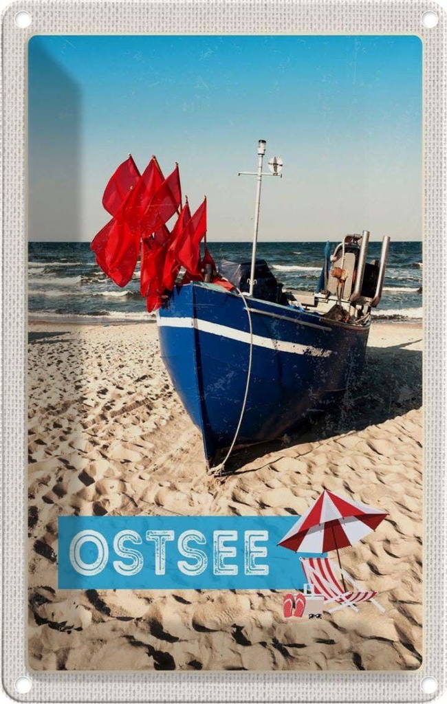 Blechschild 18x12 cm Ostsee Strand Boot Sand Bildmotiv Reisemotiv Abenteuer Reisen Urlaub