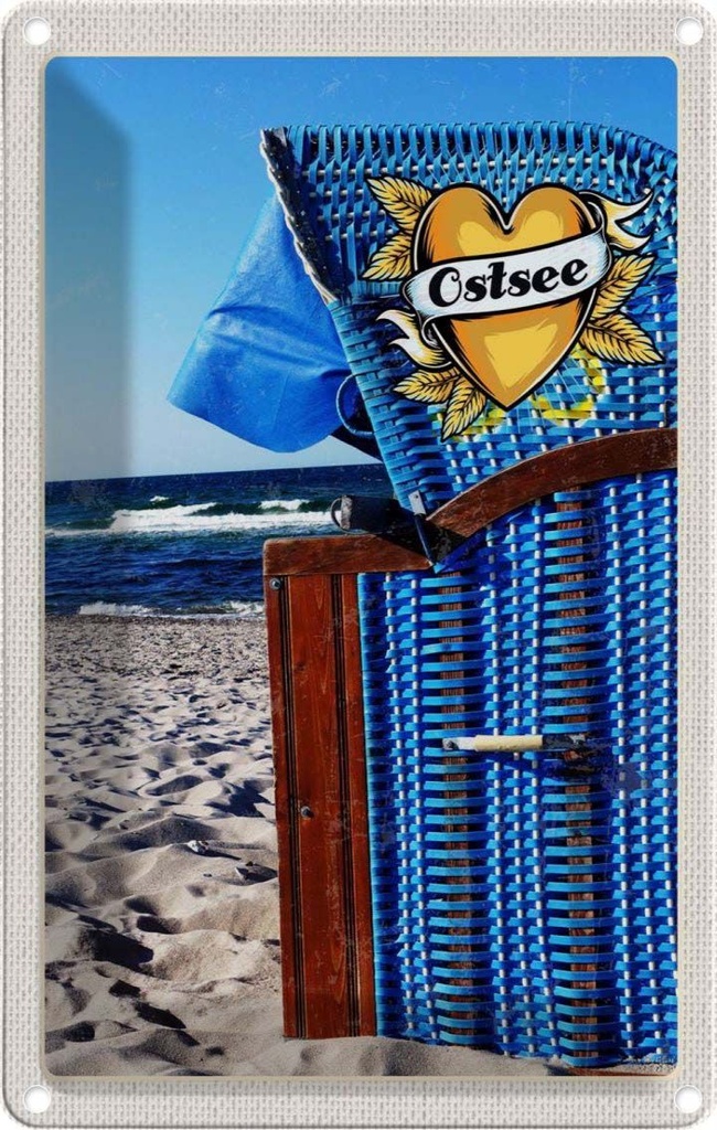 Blechschild 18x12 cm Ostsee Strandkorb blau Strand Bildmotiv Reisemotiv Abenteuer Reisen Urlaub