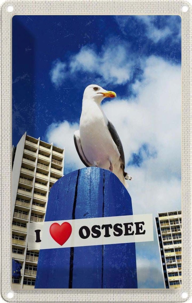 Blechschild 18x12 cm Ostsee Möwen Hochhaus Strand Bildmotiv Reisemotiv Abenteuer Reisen Urlaub