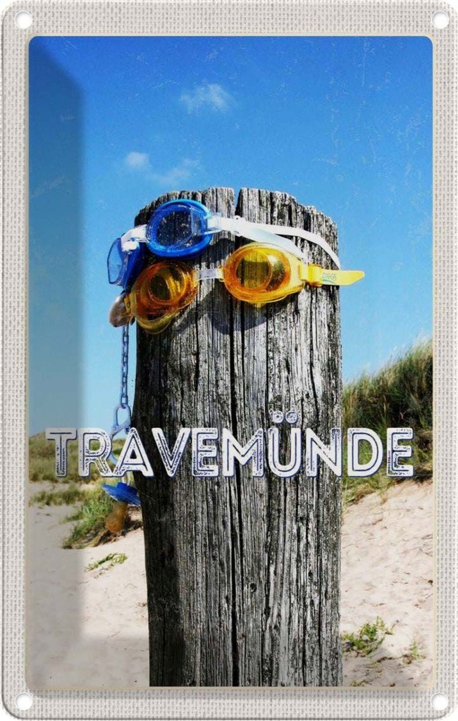 Blechschild 18x12 cm Travemünde Schwimmbrille Schnuller Bildmotiv Reisemotiv Abenteuer Reisen Urlaub