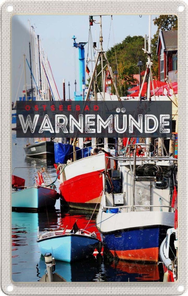 Blechschild 18x12 cm Warnemünde Ostseebad Schiffe Boot Bildmotiv Reisemotiv Abenteuer Reisen Urlaub