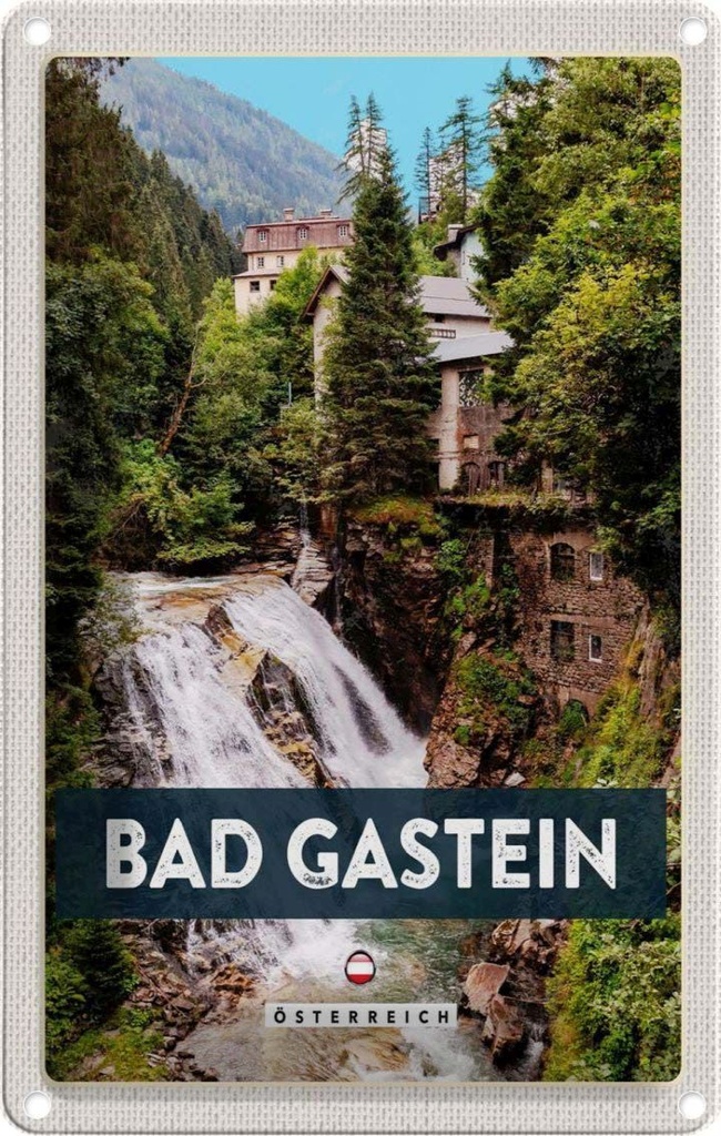 Blechschild 18x12 cm Bad Gastein Wasserfall Wald Bildmotiv Reisemotiv Abenteuer Reisen Urlaub