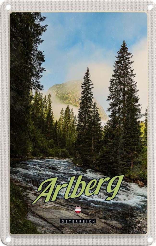 Blechschild 18x12 cm Arlberg Wälder Wasserfall Strömung Bildmotiv Reisemotiv Abenteuer Reisen Urlaub