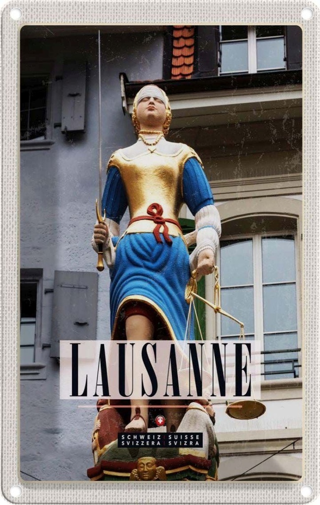 Blechschild 18x12 cm Lausanne Schweiz Skulptur Frau Waage Bildmotiv Reisemotiv Abenteuer Reisen Urlaub