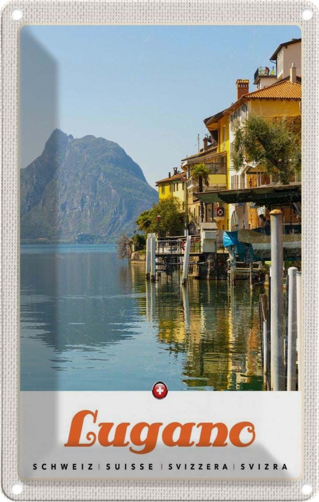 [LA-1783376] Blechschild 18x12 cm Lugano Schweiz Urlaub See Ausblick auf Berg Bildmotiv Reisemotiv Abenteuer Reisen