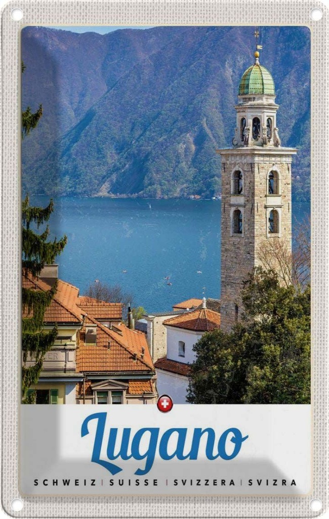 [LA-1783377] Blechschild 18x12 cm Lugano Schweiz See Kirche Bildmotiv Reisemotiv Abenteuer Reisen Urlaub