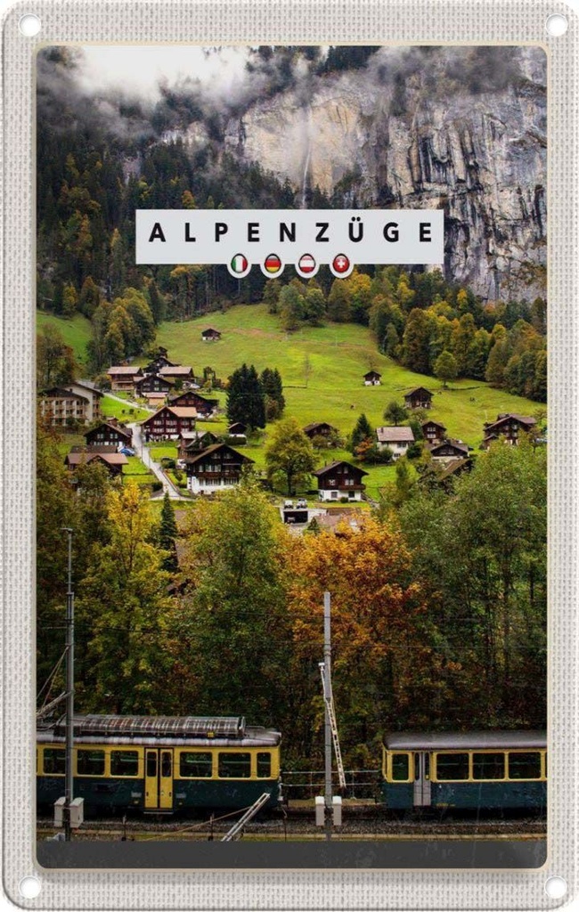 [LA-1783385] Blechschild 18x12 cm Alpenzüge Schweiz Bahn Tal Häuser Bildmotiv Reisemotiv Abenteuer Reisen Urlaub
