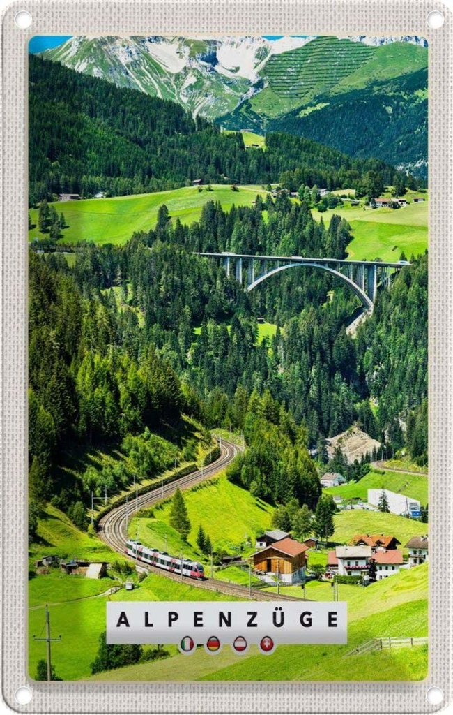 [LA-1783387] Blechschild 18x12 cm Alpenzüge Schweiz Österreich Brücke Bildmotiv Reisemotiv Abenteuer Reisen Urlaub