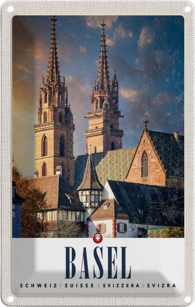 [LA-1783392] Blechschild 18x12 cm Basel Schweiz Kirche Bildmotiv Reisemotiv Abenteuer Reisen Urlaub
