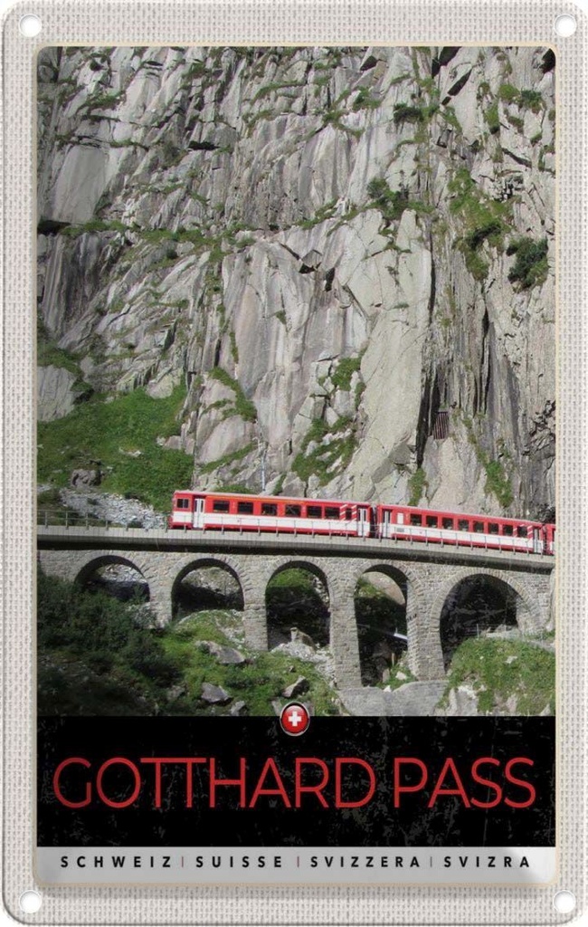 [LA-1783413] Blechschild 18x12 cm Gotthard Pass Schweiz rote Lokomotive Bildmotiv Reisemotiv Abenteuer Reisen Urlaub